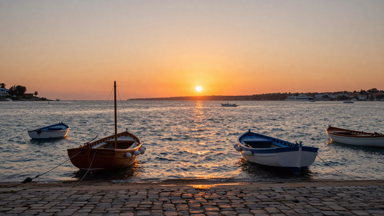 Sunset Over Nice France Harbor with Traditional Boats and Cobblestone Promenade in in Nice, France