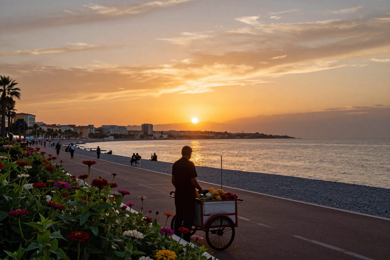 Sunset over Nice France Promenade des Anglais with zinnias and street food vendor in in Nice, France
