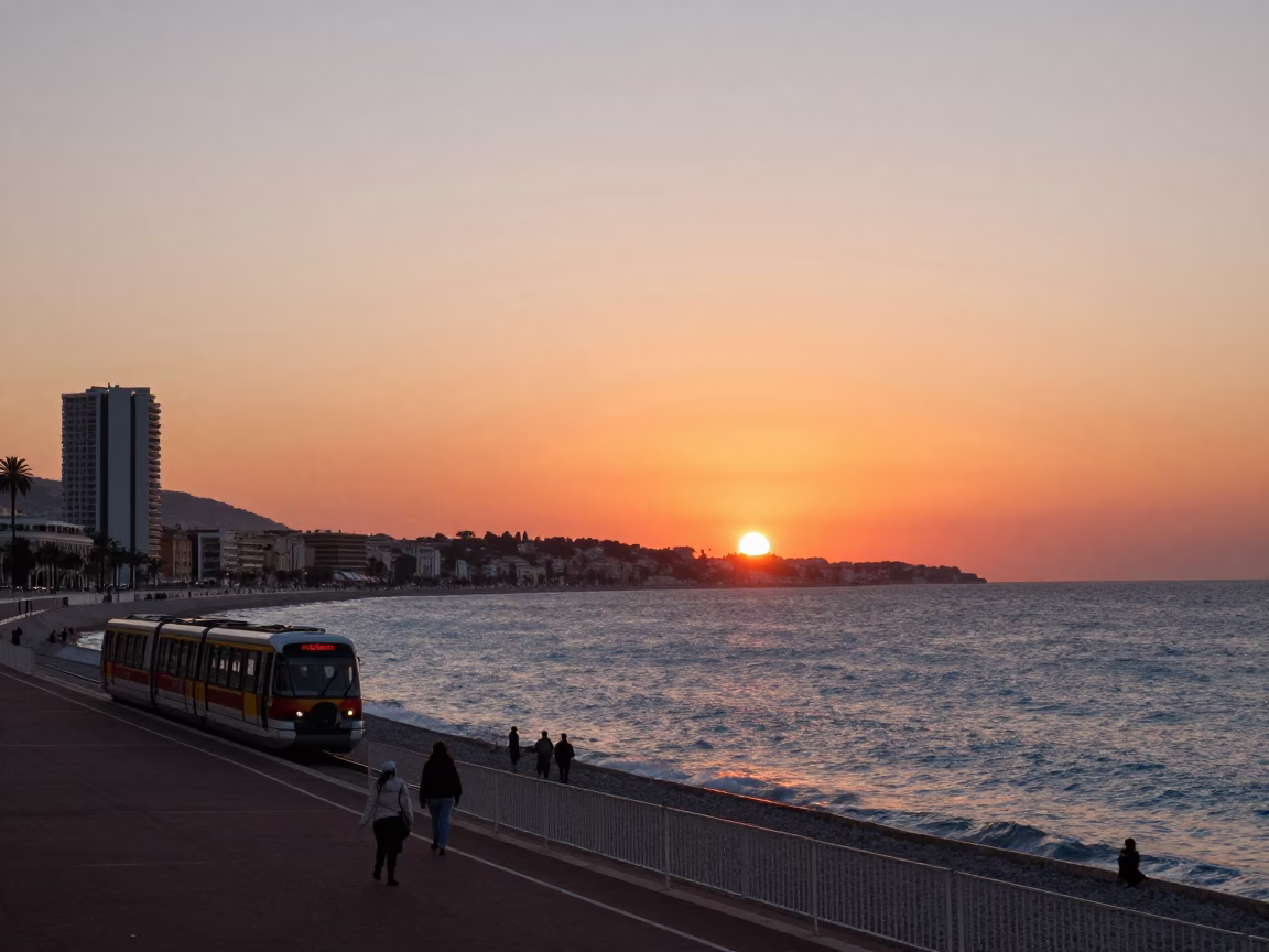 Sunset over Nice France Promenade with Monorail and Coastal Architecture in in Nice, France
