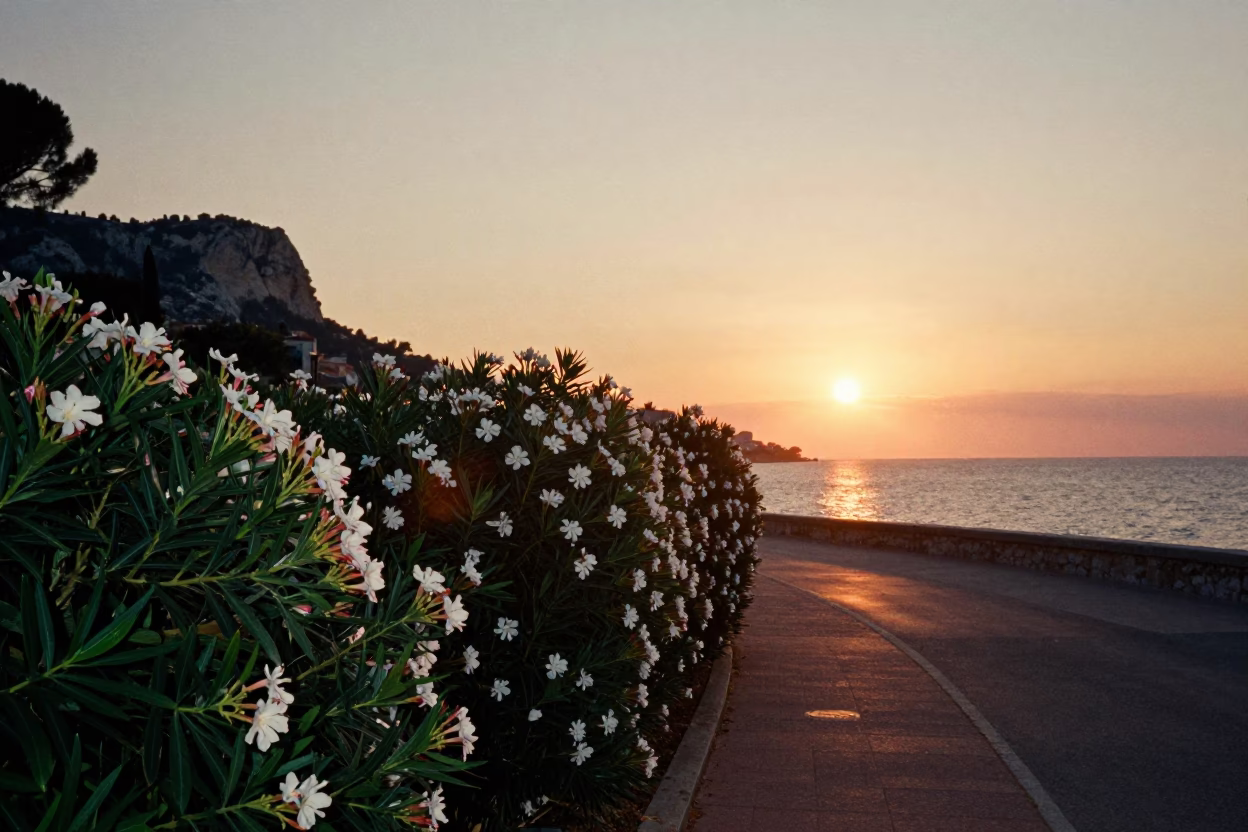 Sunset over Nice France with Oleander Hedge and Coastal Bluff Weather Radar Installation in in Nice, France