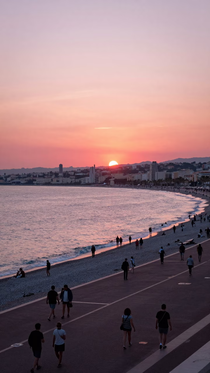Sunset over Nice Promenade des Anglais with tourists and the Mediterranean Sea in in Nice, France