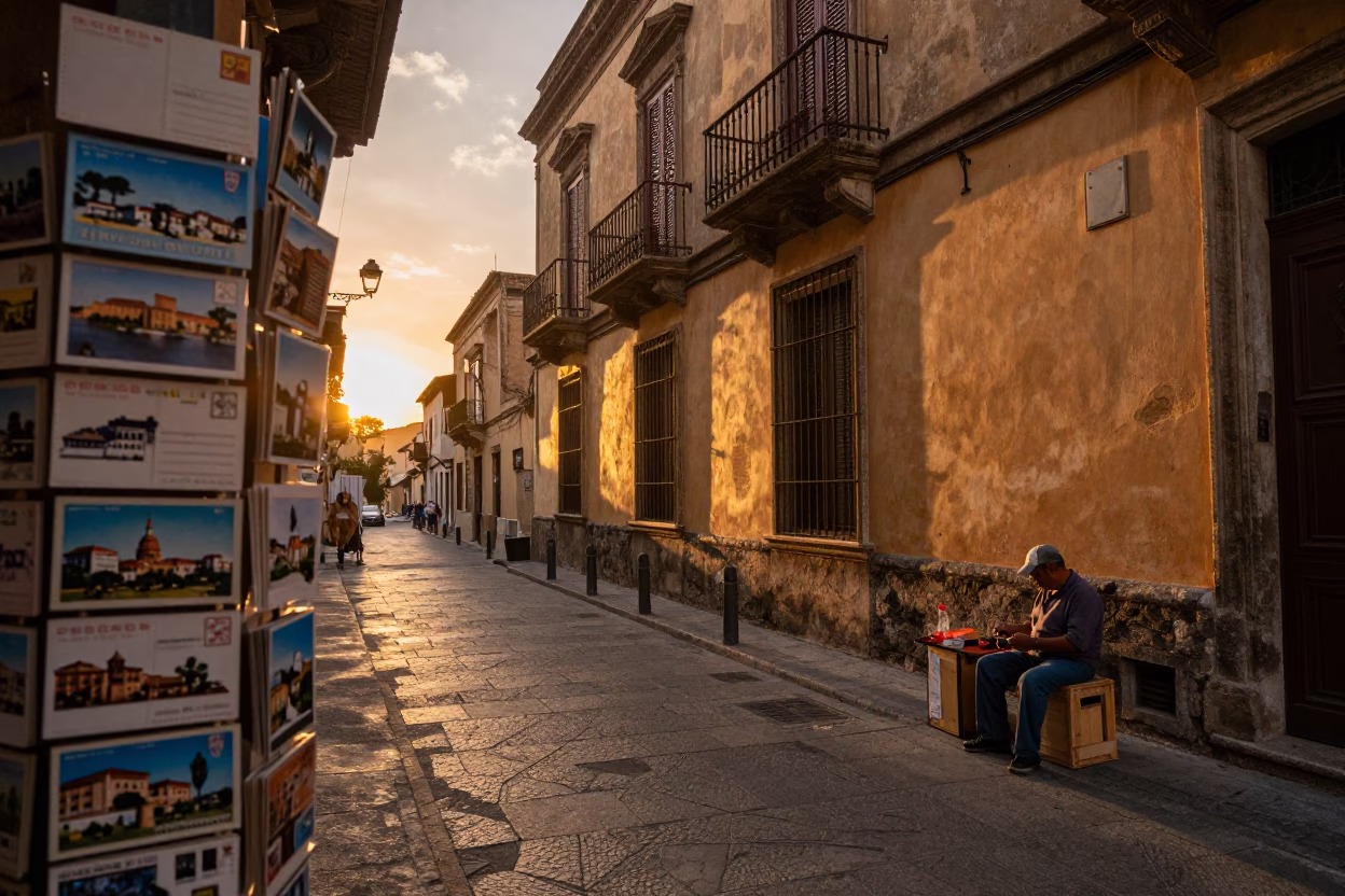 Sunset over Palermo Italy street scene with vintage postcards and ceramic jar in in Palermo, Italy