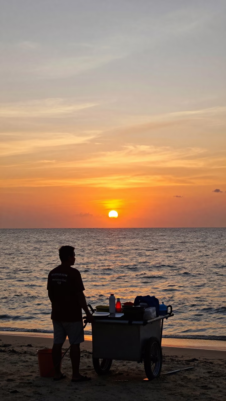Sunset Over Patong Beach Phuket Thailand With Local Street Vendor and Tourists in in Phuket, Thailand