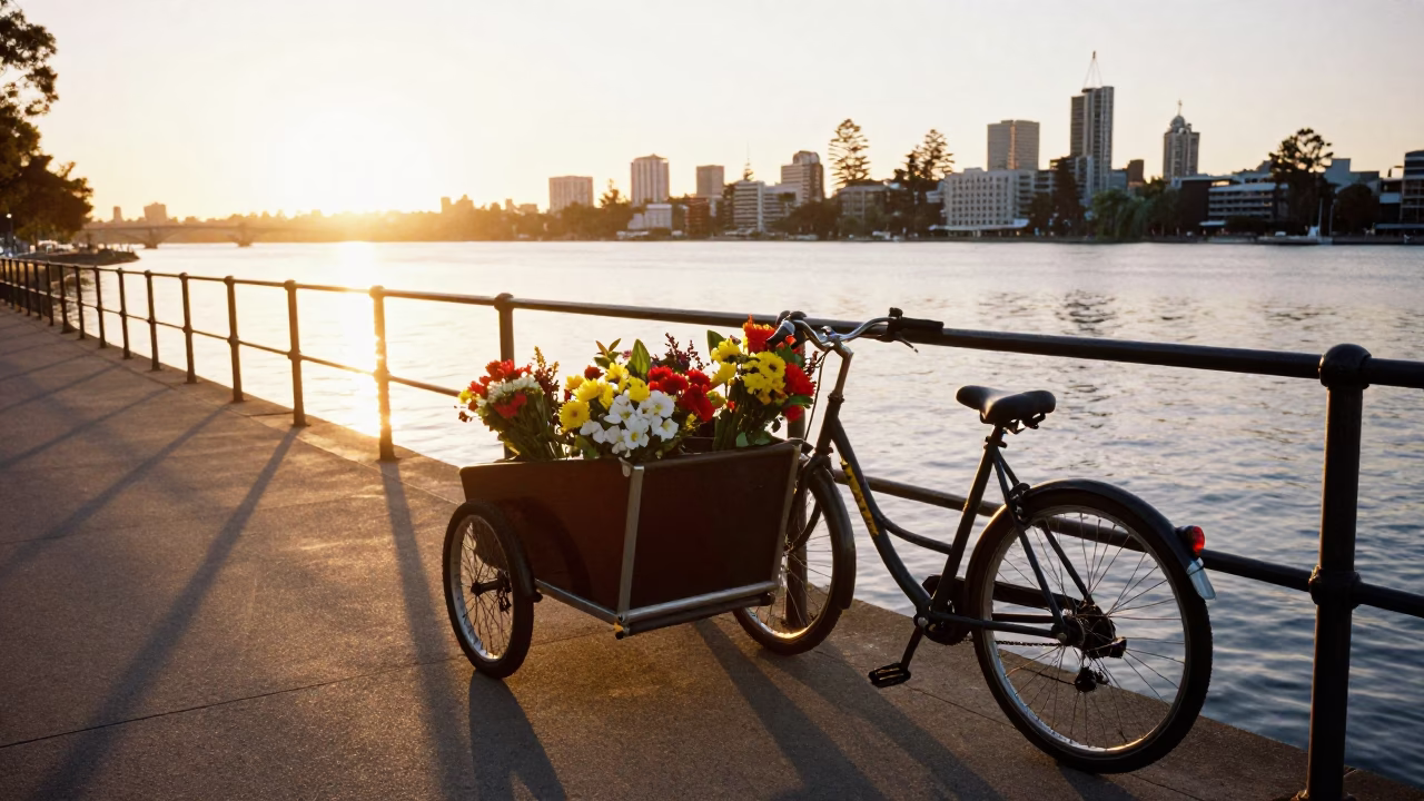 Sunset over Perth Riverfront with Cargo Bicycle and Flowers in Western Australia in in Perth, Western Australia, Australia