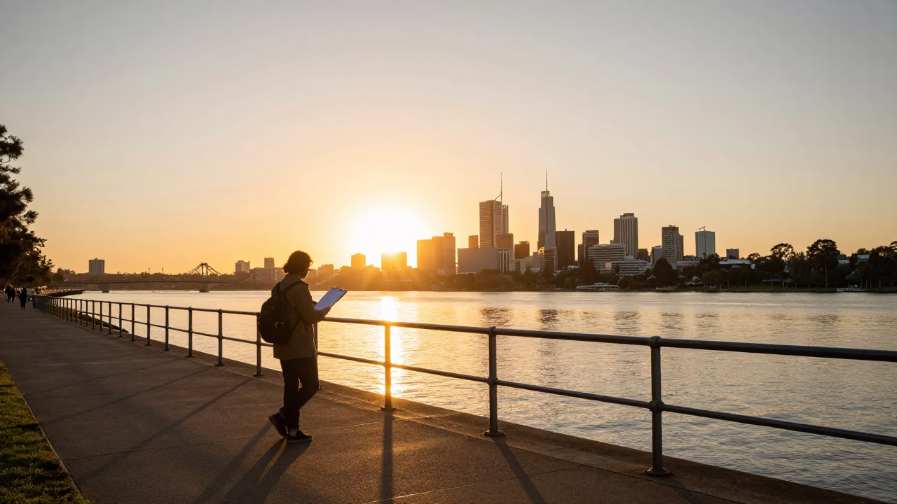 Sunset over Perth Swan River with Clipboard and Walking Stick in in Perth, Western Australia, Australia