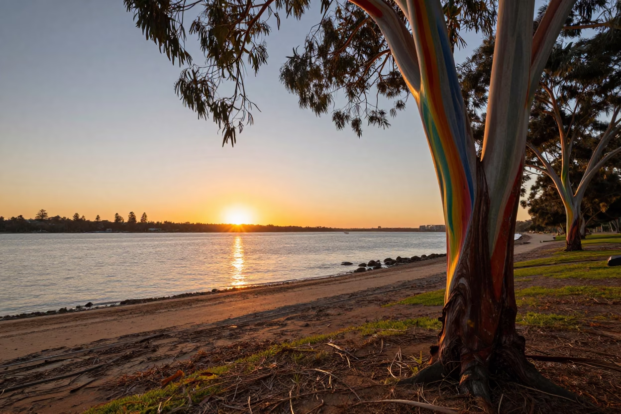 Sunset Over Perth Waterfront Rainbow Eucalyptus Bark and Brushed Steel Doorframe in in Perth, Western Australia, Australia