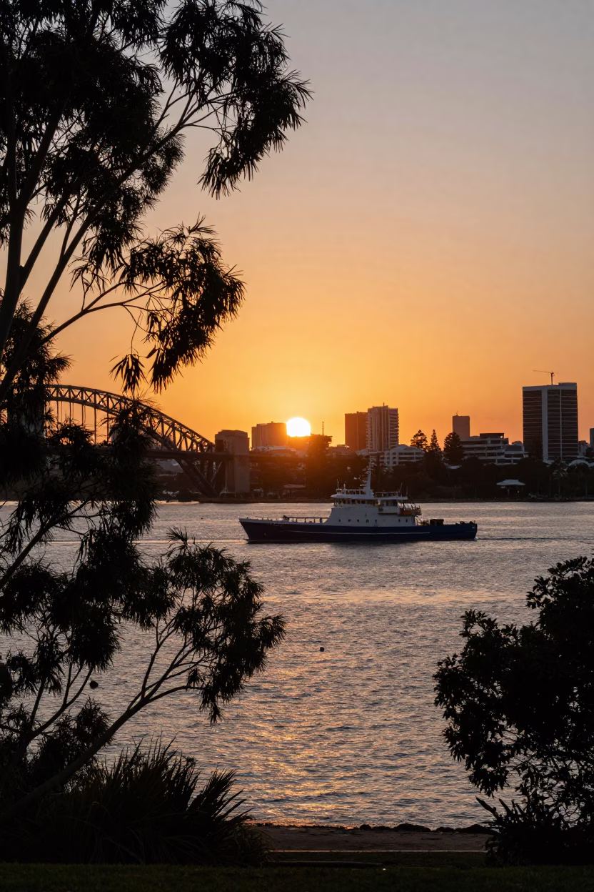 Sunset over Perth Western Australia Harbor with Eucalyptus Trees and Steel Stool in in Perth, Western Australia, Australia
