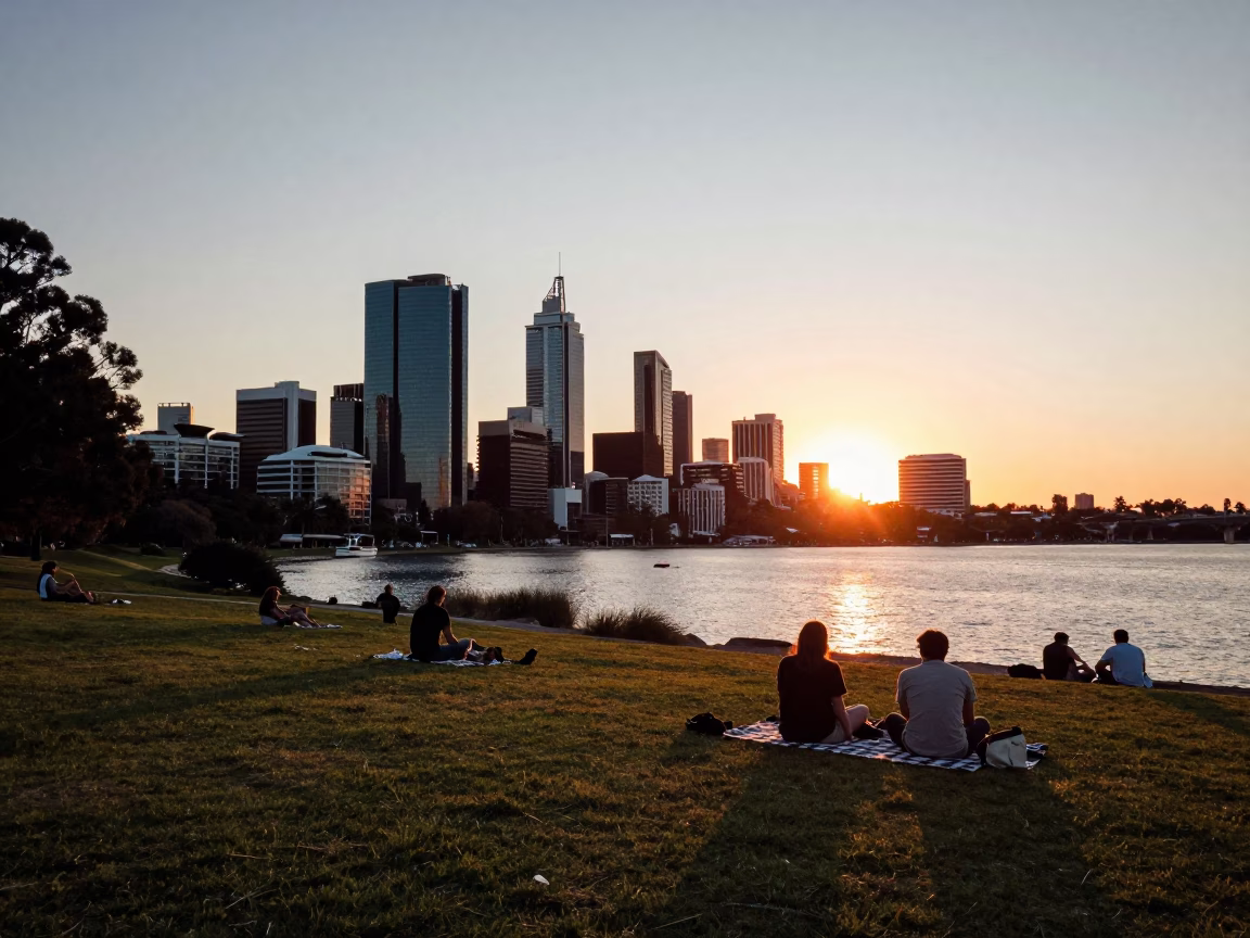 Sunset Over Perth Western Australia Skyline and Riverbank Scenery in in Perth, Western Australia, Australia