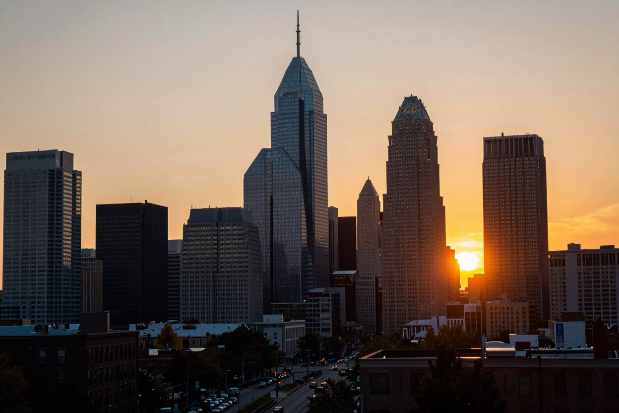 Sunset over Philadelphia Pennsylvania Skyline with Street Level Detail in in Philadelphia, Pennsylvania, United States