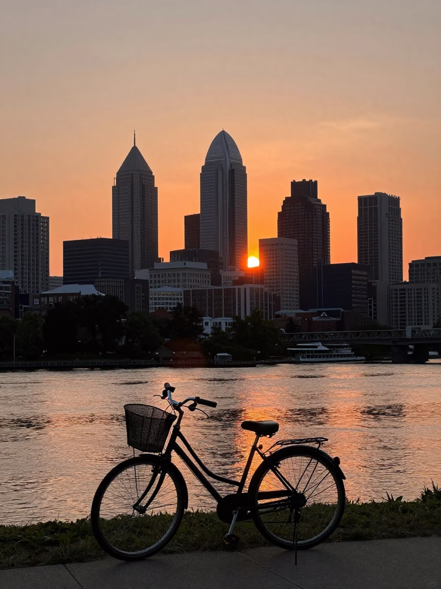 Sunset over Philadelphia Skyline with Bicycle Basket and Urban River View in in Philadelphia, Pennsylvania, United States