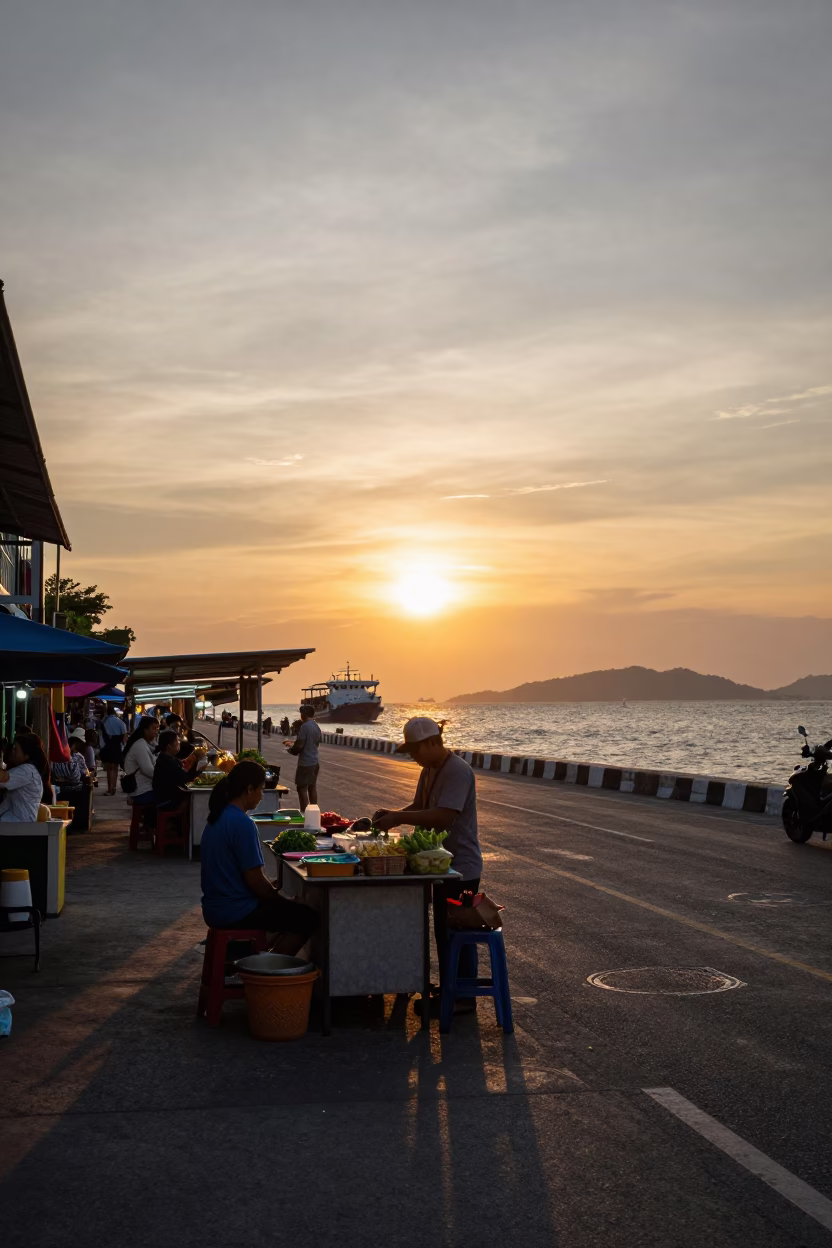 Sunset over Phuket Bay with Cargo Ship and Street Food Stall in in Phuket, Thailand