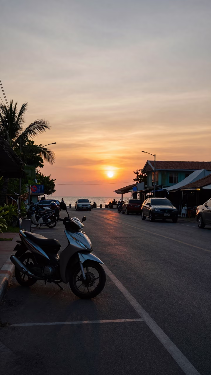 Sunset over Phuket Bay with Motorbike and Local Street Scene in in Phuket, Thailand