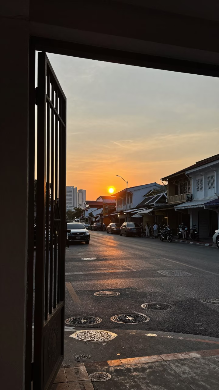 Sunset over Phuket Thailand street scene with doorframe and iron hook details in in Phuket, Thailand