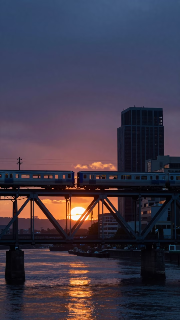 Sunset over Portland Oregon Bridge Commuter Train Crossing at Blue Hour in in Portland, Oregon, United States