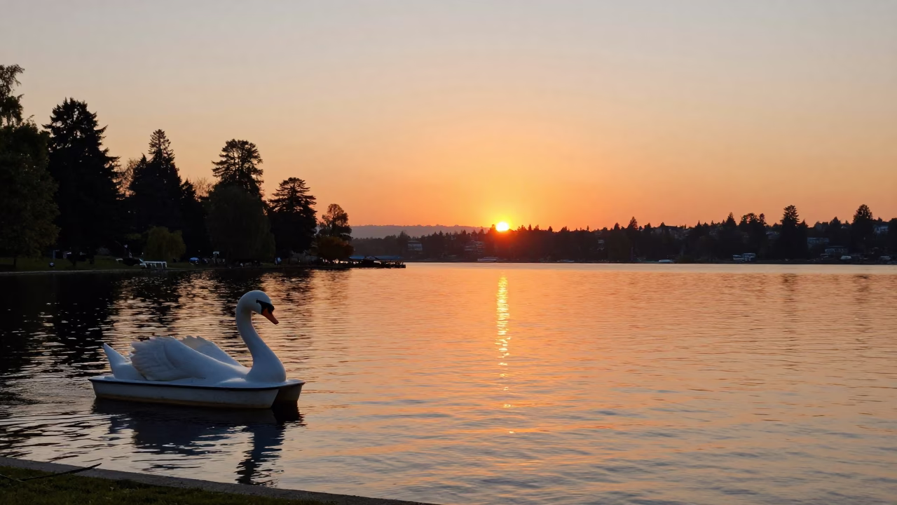 Sunset over Portland Oregon park lake with swan pedal boat and peeling turquoise paint in in Portland, Oregon, United States