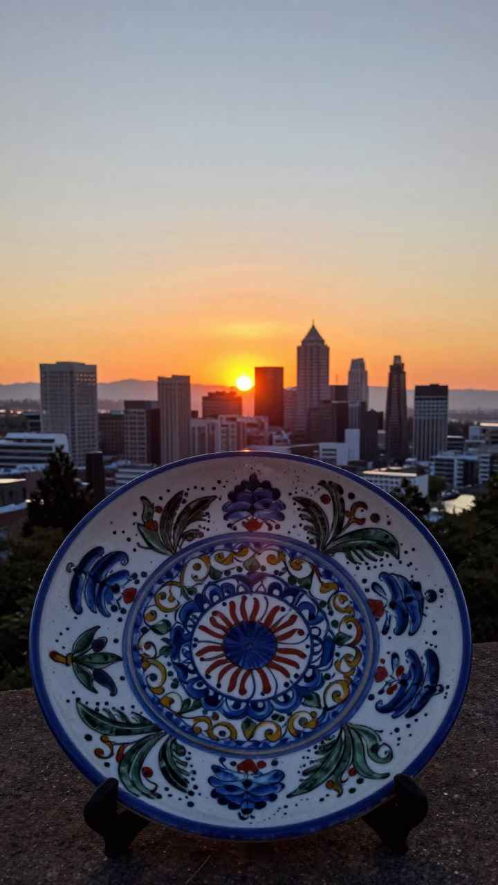 Sunset over Portland Oregon Skyline with Vintage Majolica Plate on Wooden Table in in Portland, Oregon, United States