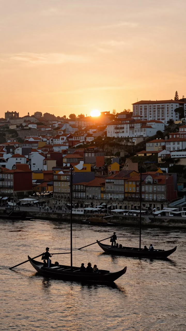 Sunset over Porto Douro River with traditional rabelo boats and historic Ribeira district architecture in in Porto, Portugal