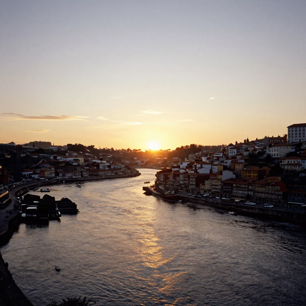 Sunset over Porto Portugal Douro River and Ribeira District Golden Hour in in Porto, Portugal