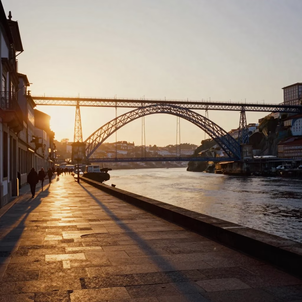 Sunset over Porto Portugal historic bridge and riverfront street photography in in Porto, Portugal