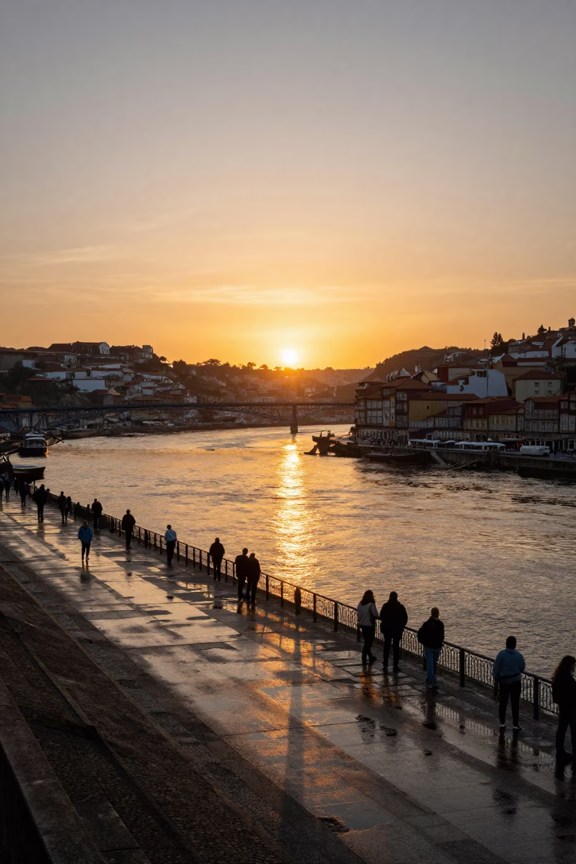 Sunset over Porto Portugal Riverfront with Pedestrian Overpass and Wet Footsteps in in Porto, Portugal