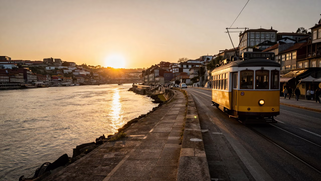 Sunset over Porto Portugal Riverfront with Tram and Historic Architecture in in Porto, Portugal