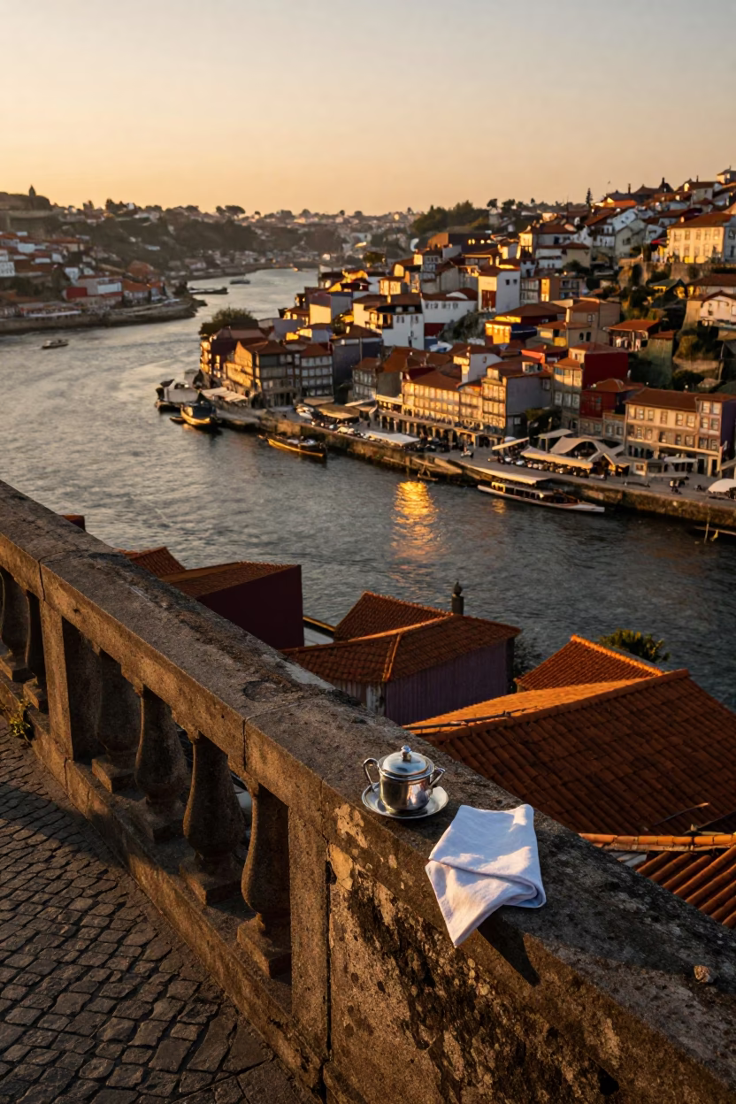 Sunset Over Porto Riverfront With Tea Tin And Handkerchief On Stone Balustrade in in Porto, Portugal