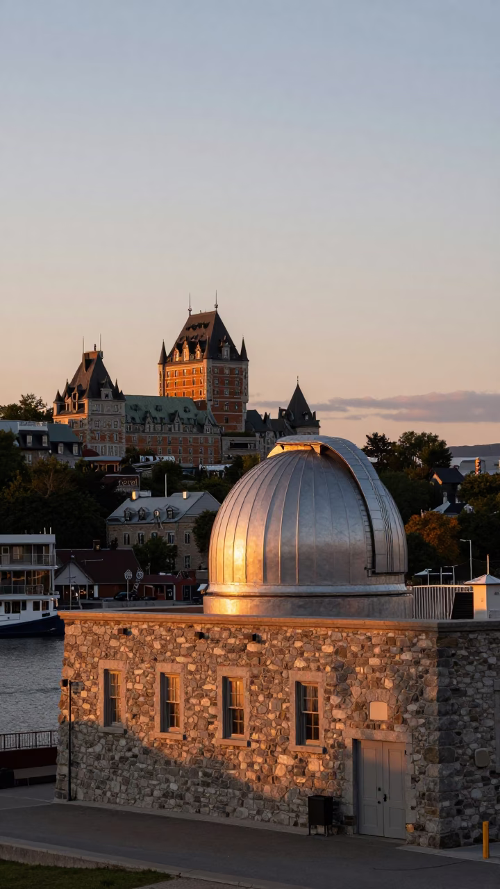 Sunset over Quebec City Old Port stone observatory and historic fortifications in in Quebec City, Quebec, Canada
