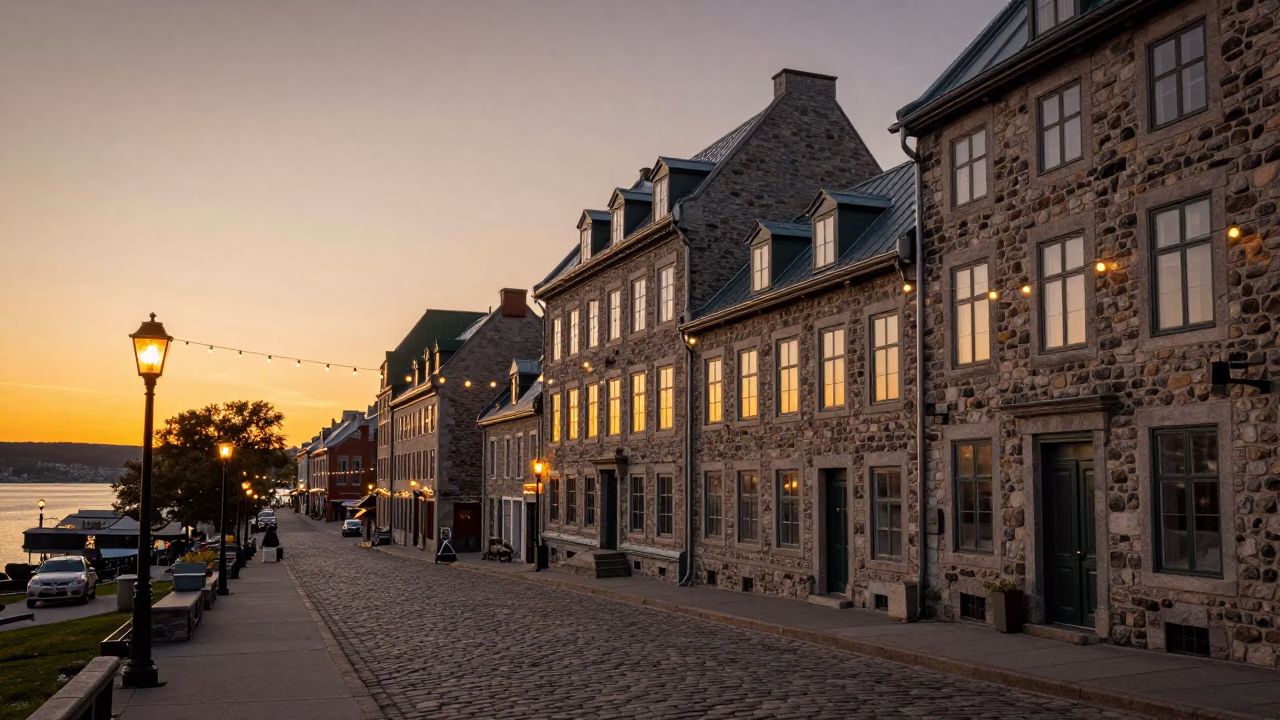 Sunset Over Quebec City Old Port With String Lights And Historic Stone Architecture in in Quebec City, Quebec, Canada
