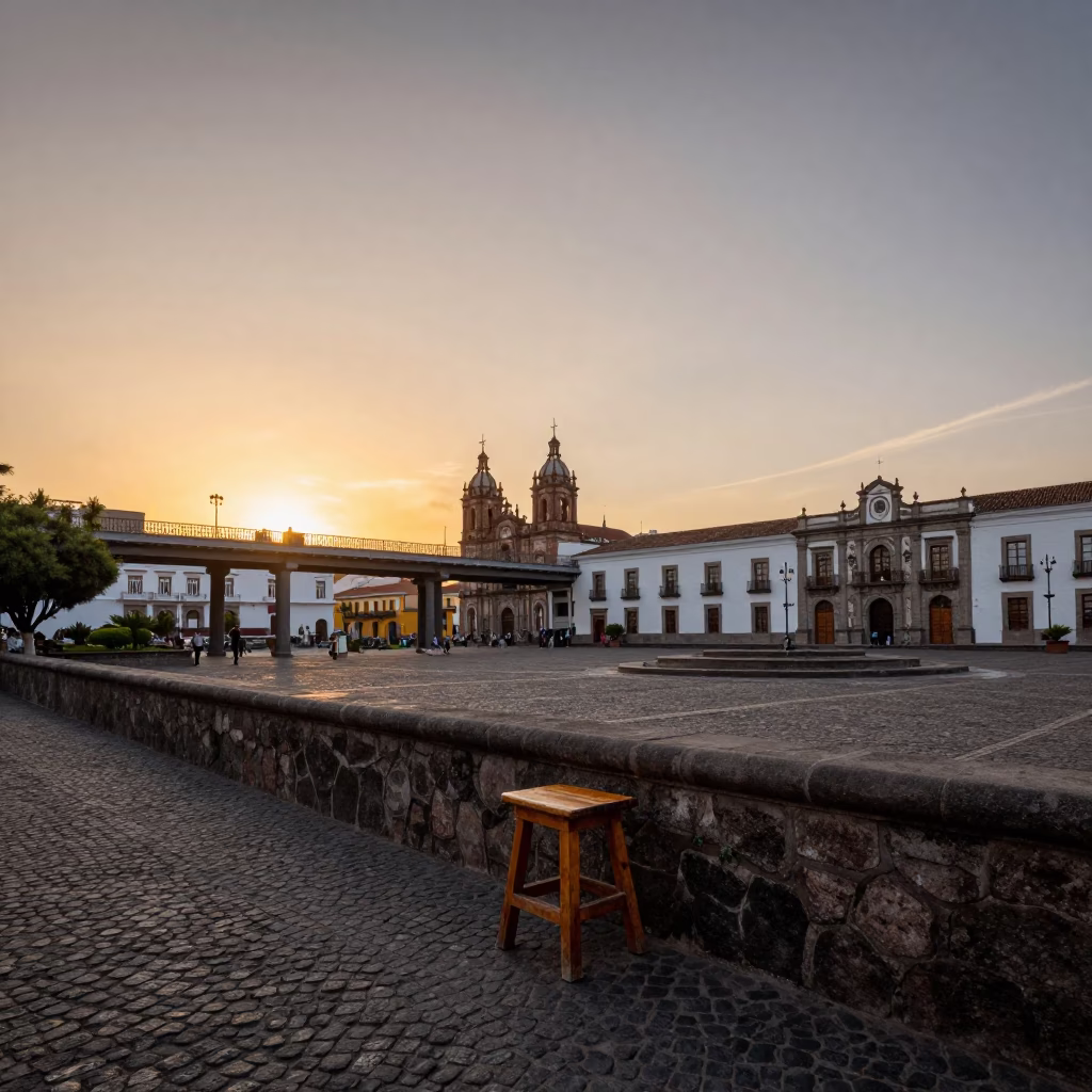 Sunset Over Quito Ecuador Historic Plaza With Stool And Overpass Traffic in in Quito, Ecuador