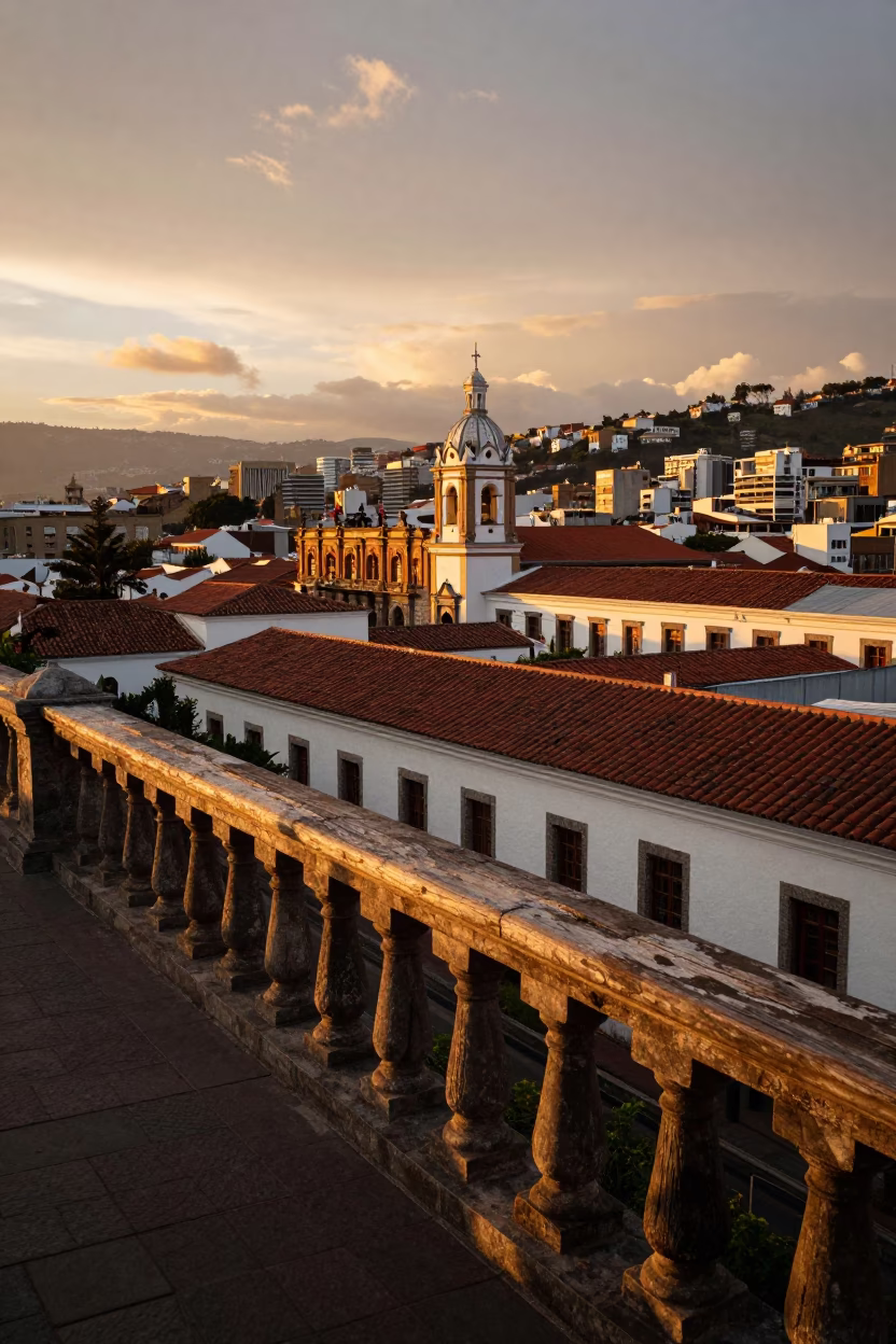 Sunset over Quito Ecuador with Peg Rail and Cityscape Views in in Quito, Ecuador