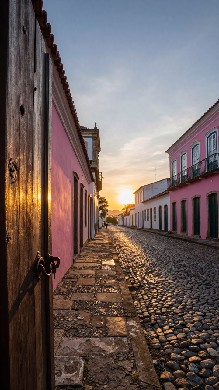 Sunset over Salvador Brazil Colonial Architecture and Cobblestone Streets with Latch Details in in Salvador, Brazil
