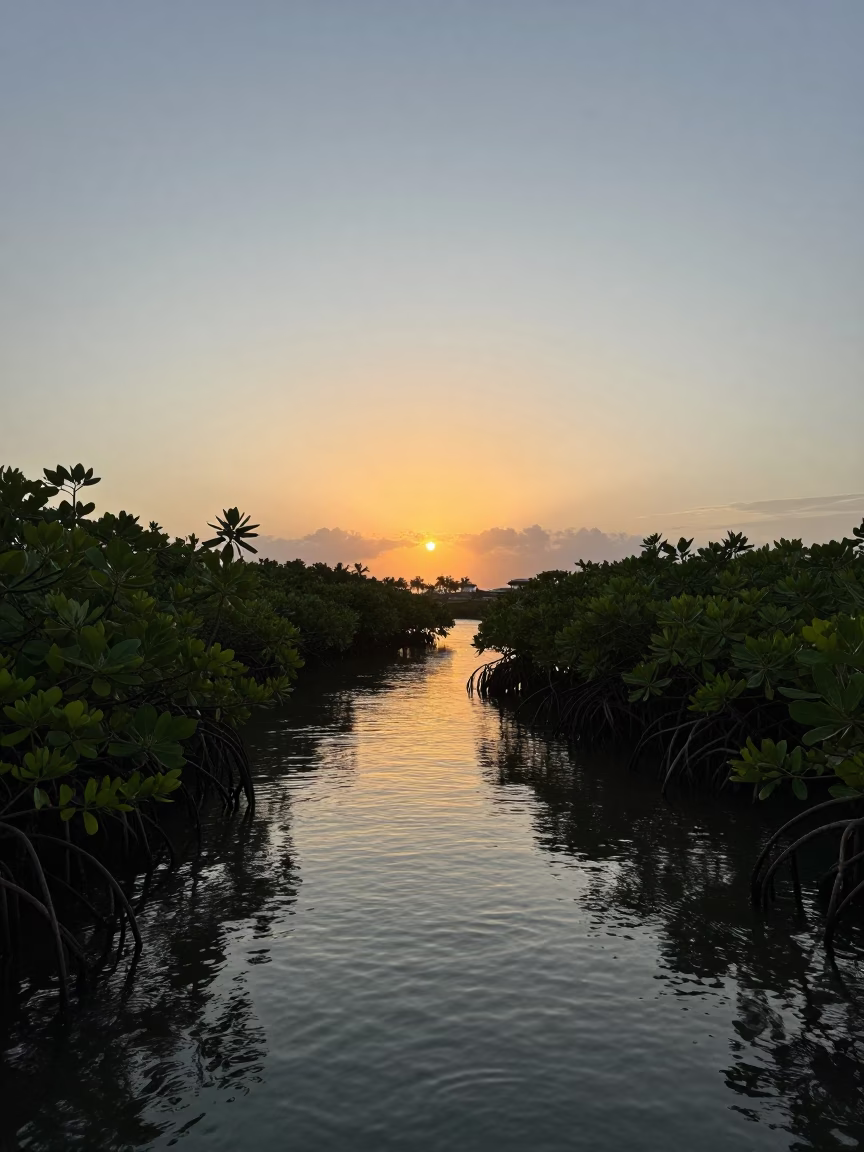 Sunset over Salvador Brazil Lagoon with Mangrove Roots and Local Boats in in Salvador, Brazil