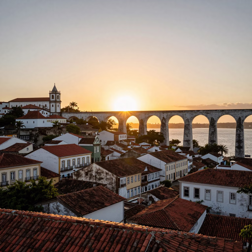 Sunset over Salvador Brazil Lapa Aqueduct and Colonial Architecture in in Salvador, Brazil