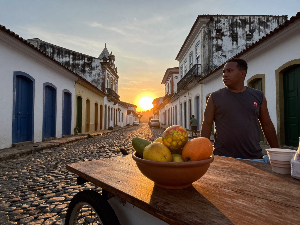 Sunset over Salvador Brazil Street Food Vendor with Terracotta Bowl and Ocean View in in Salvador, Brazil