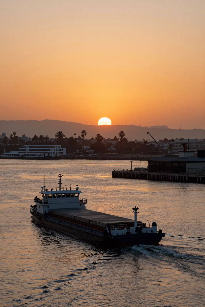 Sunset Over San Diego Bay with Cargo Barge and Harbor Infrastructure in in San Diego, California, United States