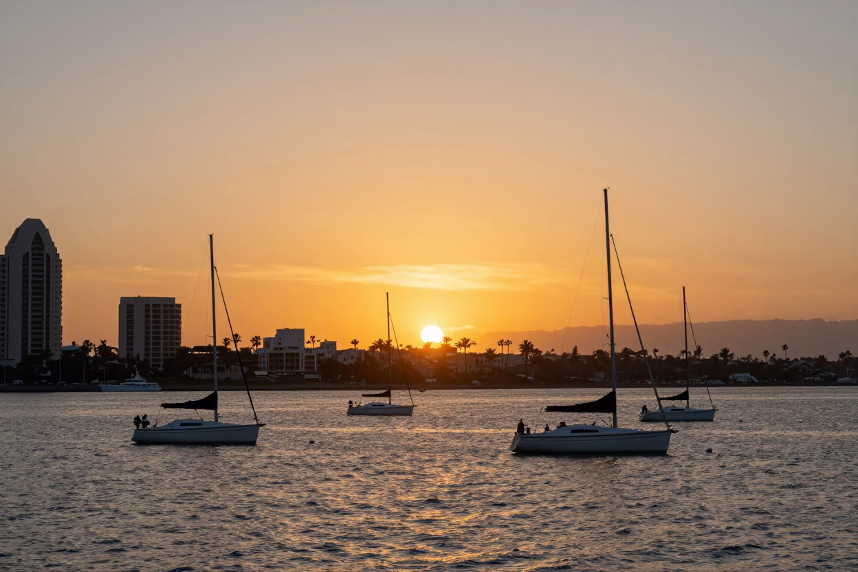 Sunset Over San Diego Bay With Sailboats and Coastal Architecture in in San Diego, California, United States