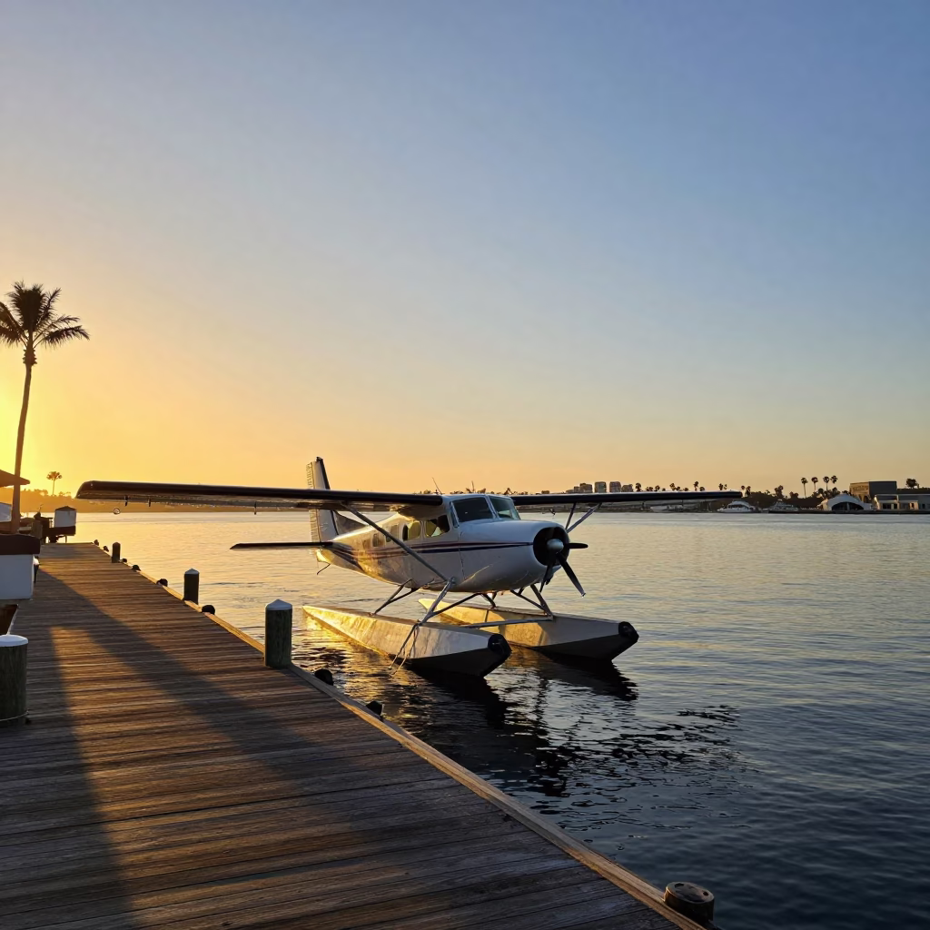 Sunset over San Diego Bay with Seaplane Docked at Tropical Pier in in San Diego, California, United States