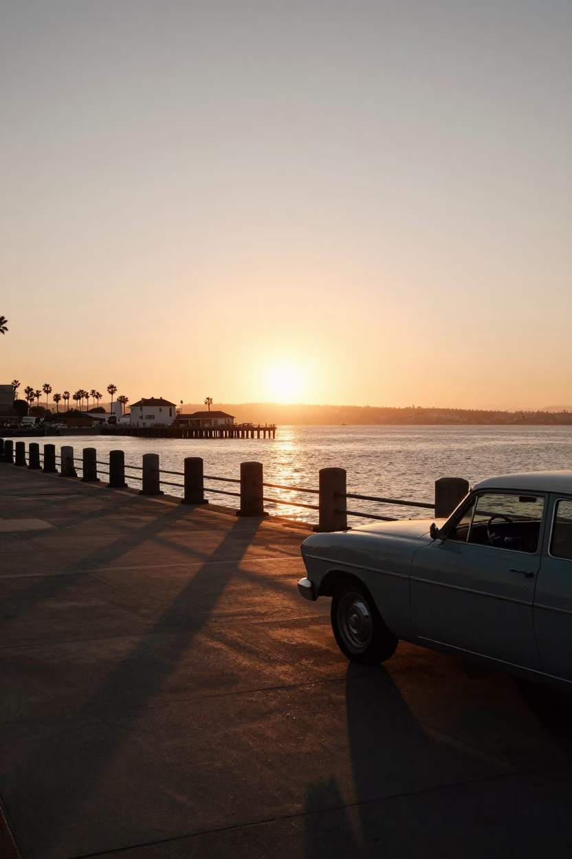 Sunset over San Diego Harbor with Vintage Car and Coastal Architecture in in San Diego, California, United States