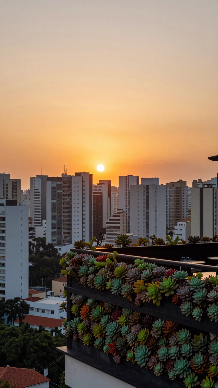 Sunset Over São Paulo Cityscape With Cafe Succulent Wall And Construction Activity in in São Paulo, Brazil