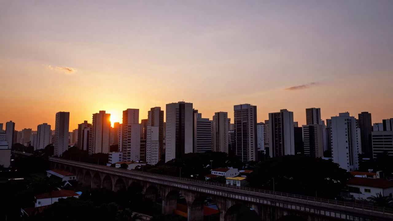 Sunset Over São Paulo Skyline with Aqueduct Maintenance and Urban Life in in São Paulo, Brazil