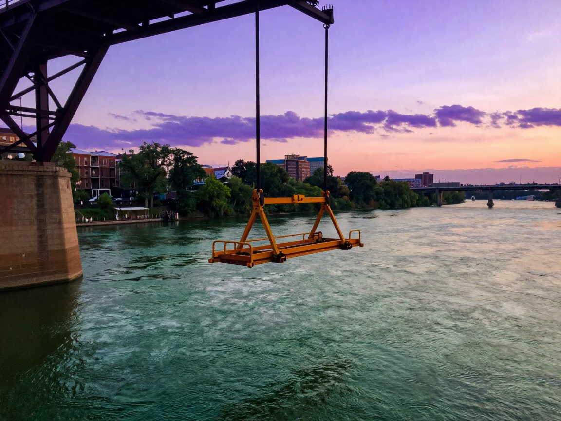 Sunset over Schuylkill River with Bridge Maintenance Cradle and Urban Philadelphia Skyline in in Philadelphia, Pennsylvania, United States