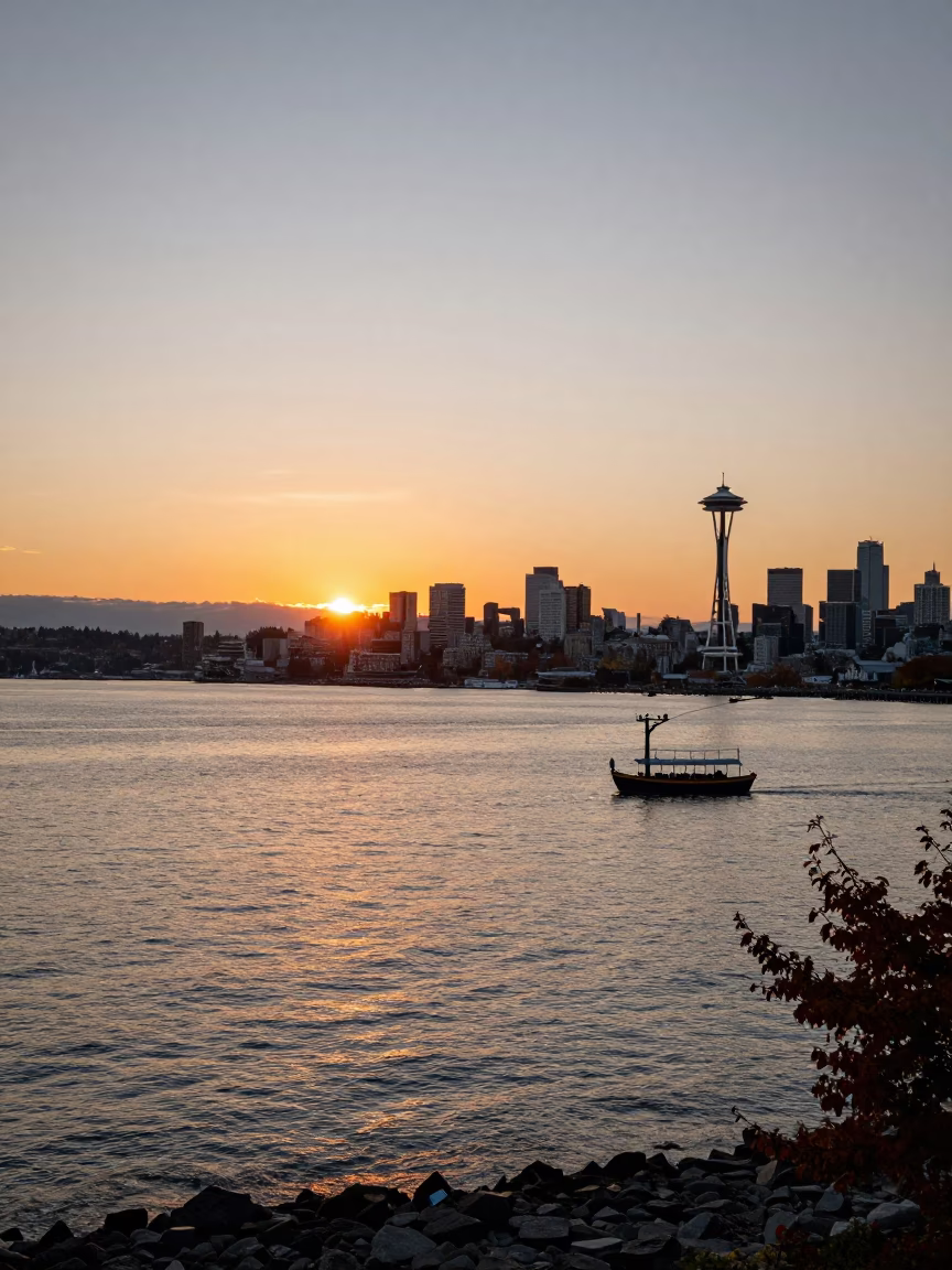 Sunset Over Seattle Waterfront With Gondola Lift And Autumn Mist in in Seattle, Washington, United States