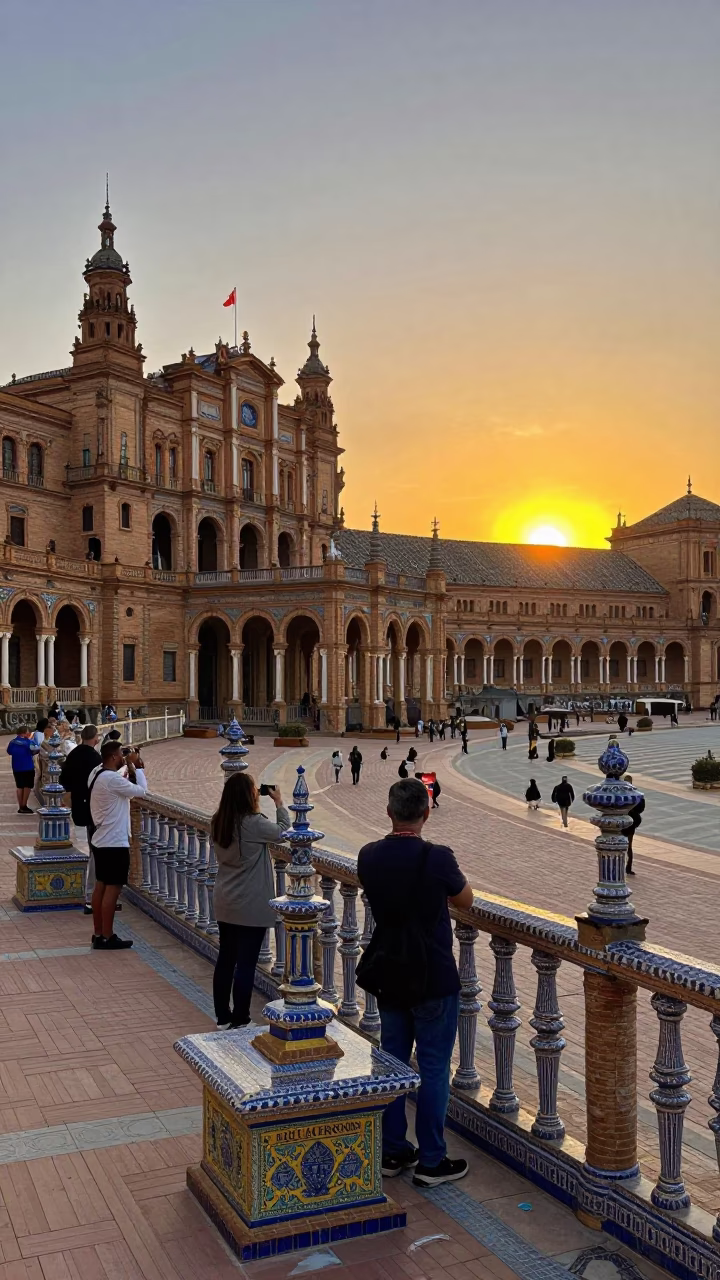 Sunset over Seville Plaza de España with tourists and historic architecture in in Seville, Spain