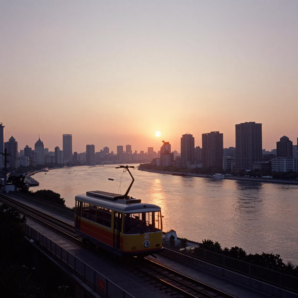 Sunset over Shanghai Huangpu River with Funicular and Urban Skyline View in in Shanghai, China