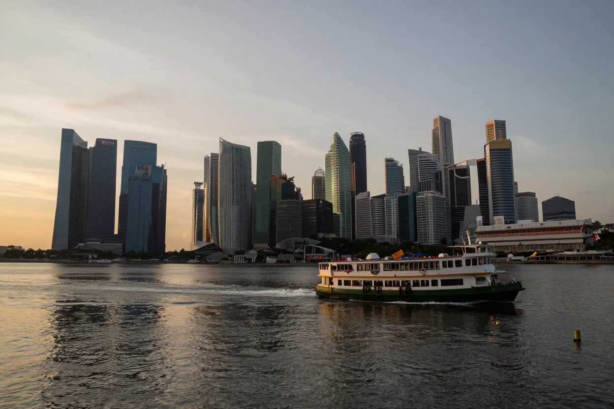 Sunset Over Singapore Marina Bay With Ferry And City Skyline Reflections in in Singapore, Singapore