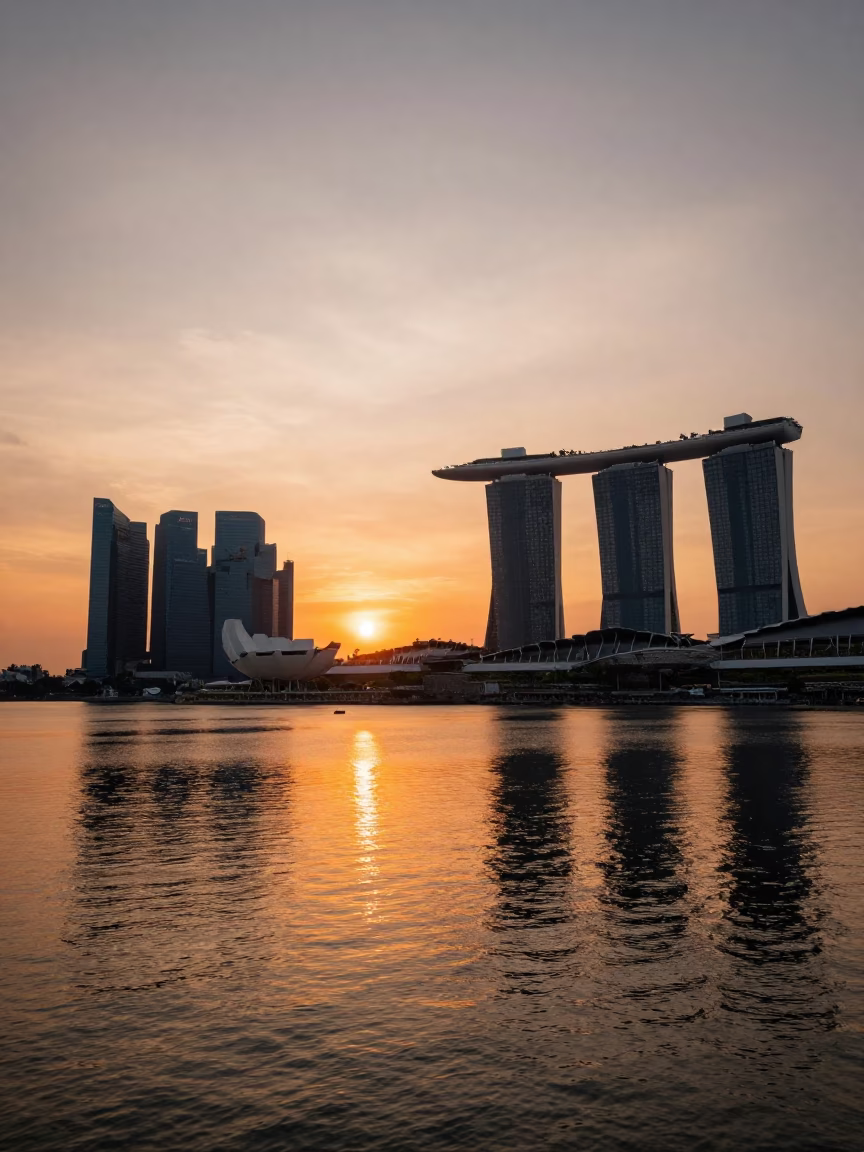 Sunset over Singapore Marina Bay with Raffles Place skyline and boat reflections in in Singapore, Singapore
