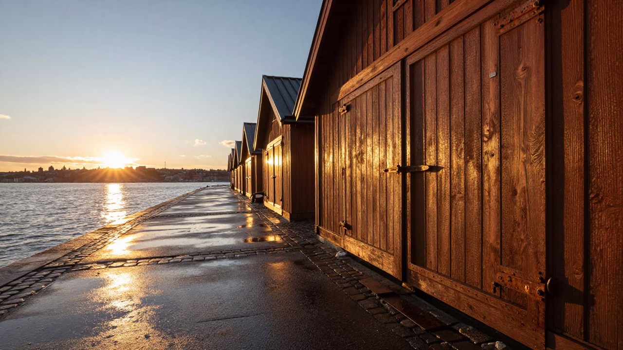 Sunset Over Stockholm Docks With Wet Asphalt And Latch Details in in Stockholm, Sweden