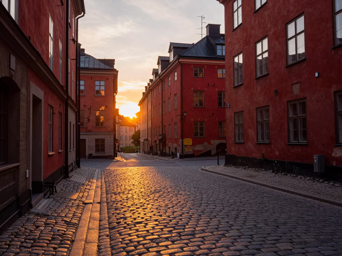 Sunset over Stockholm Gamla Stan cobblestones with historic architecture and evening light in in Stockholm, Sweden