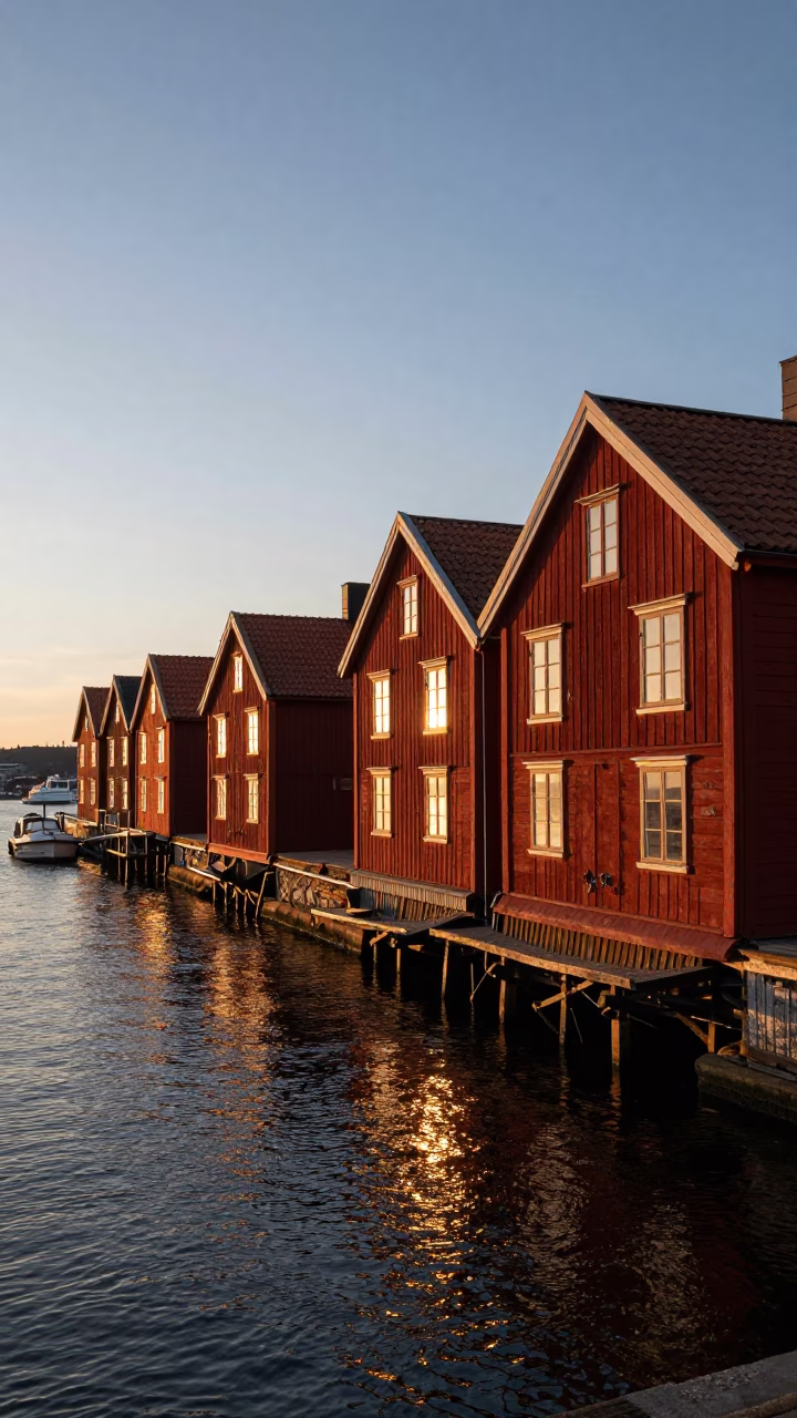 Sunset over Stockholm historic harbor with red wooden houses and canal reflections in in Stockholm, Sweden