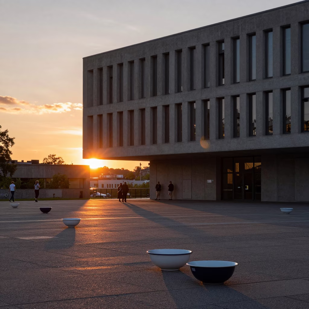 Sunset over Stockholm Sweden Concrete Brutalist Architecture and Enamel Bowls in in Stockholm, Sweden